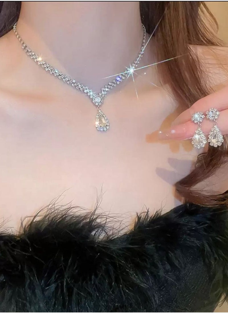 Generic 2pcs/Set Luxury Style Water Drop Shaped Rhinestone Earrings And Necklace, Fashionable & Delicate, For Women  - Image 1
