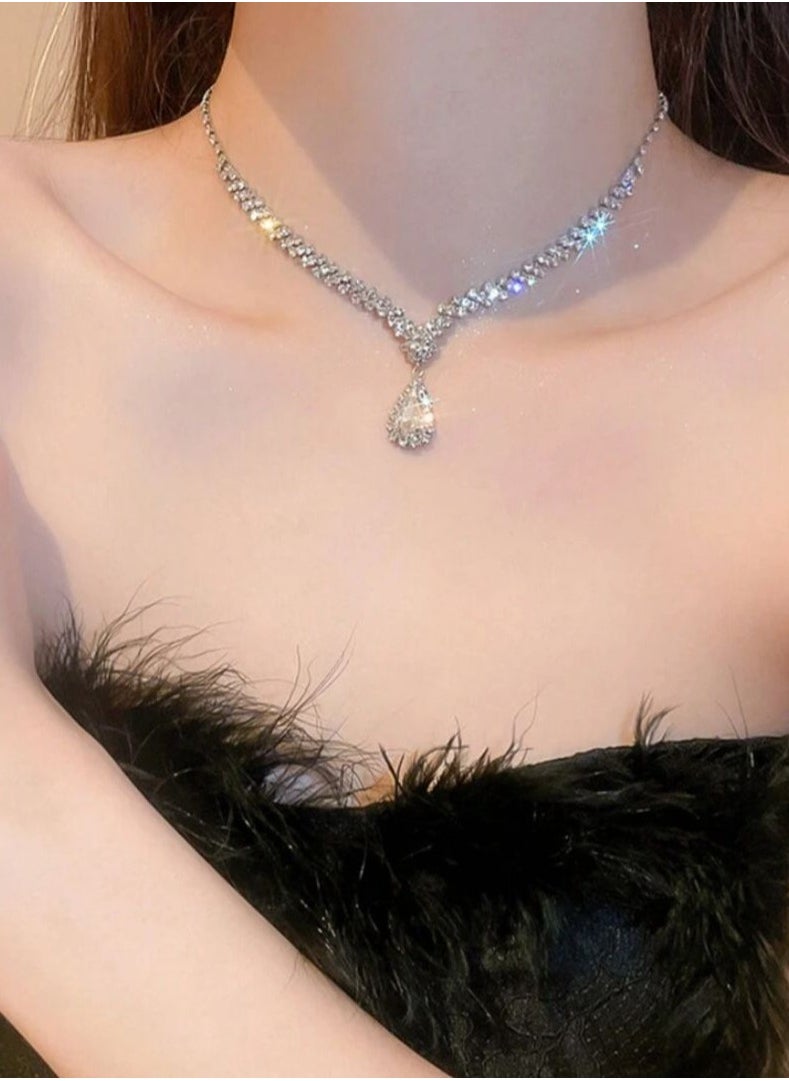Generic 2pcs/Set Luxury Style Water Drop Shaped Rhinestone Earrings And Necklace, Fashionable & Delicate, For Women  - Image 2