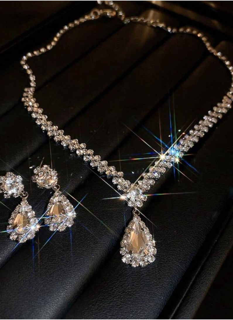 Generic 2pcs/Set Luxury Style Water Drop Shaped Rhinestone Earrings And Necklace, Fashionable & Delicate, For Women  - Image 5