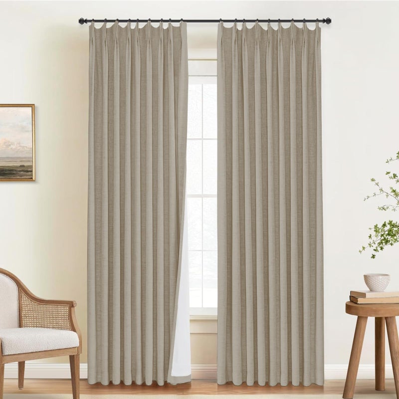INOVADAY INOVADAY Pinch Pleated Curtains Blackout  Curtains 108 Inches 2 Panels Set  100% Blackout Curtains for Bedroom Thermal Insulated Linen Pinch Pleat Blackout Drapes with Hooks W40 x L108  Grey Beige  - Image 1