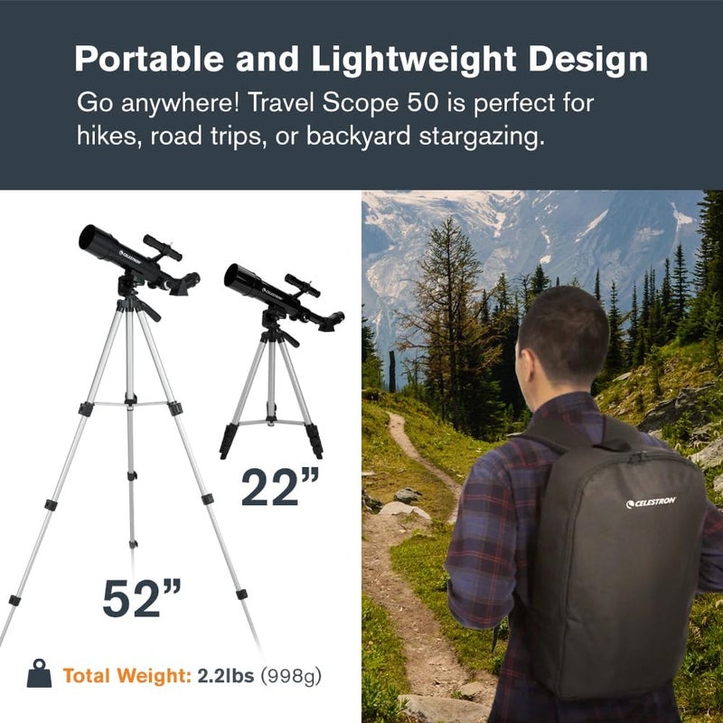سلسترون سيليسترون – تلسكوب محمول بعدسة بقطر 50 مم، بتقنية عدسات مطلية بالكامل – مثالي للمبتدئين، مع حزمة برمجيات فلكية إضافية - Image 4