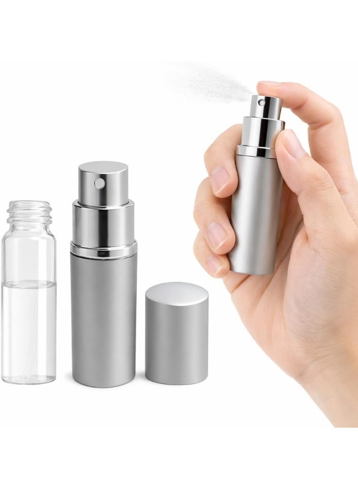 زجاجة رذاذ عطر قابلة لإعادة التعبئة، مصنوعة من الألومنيوم، بحجم مناسب للسفر، سعة 10 مل، مانعة للتسرب، عبوة جيبية للاستخدام في العطور ومستحضرات التجميل، تصميم محمول (فضي) - Image 1