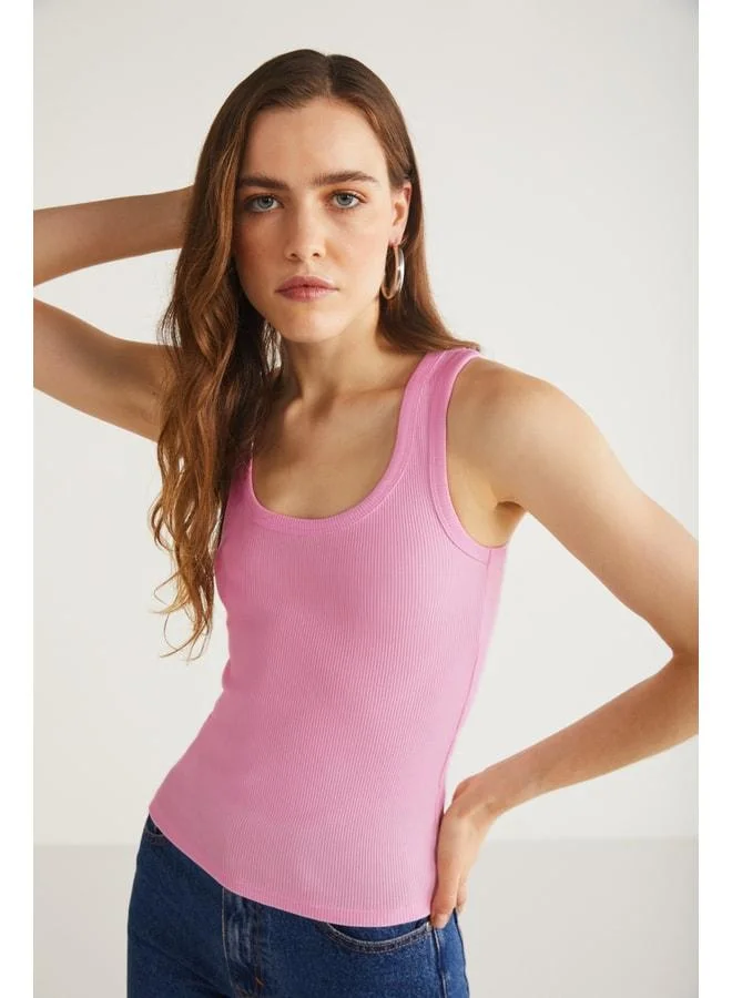 Ethiquet Lıllesol Women's Cotton Ruffled-Style Square Neck Thick-Strap Basic Dark Pink Blouse Tank Top.