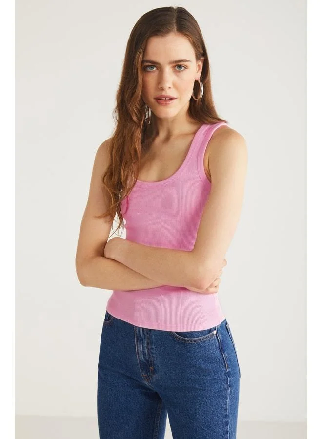 Ethiquet Lıllesol Women's Cotton Ruffled-Style Square Neck Thick-Strap Basic Dark Pink Blouse Tank Top.