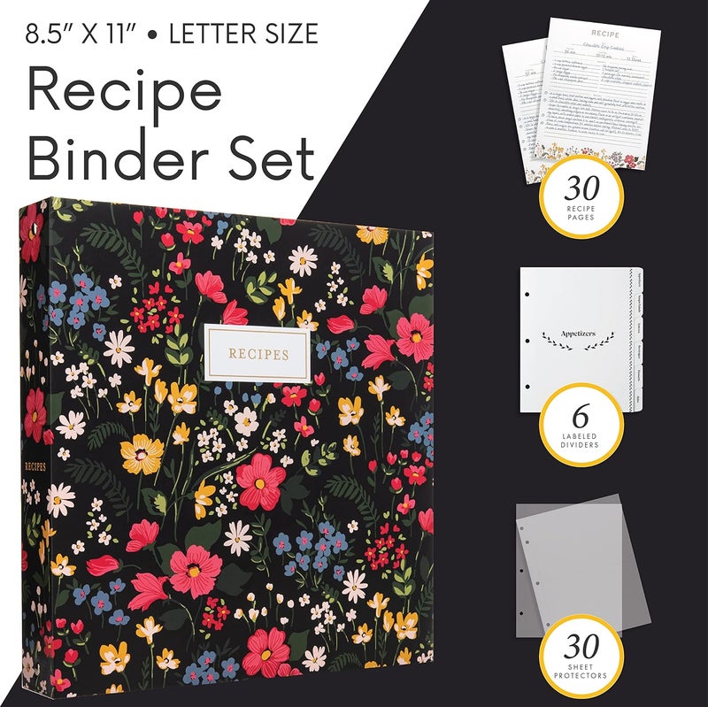 Jot  Mark 8.5" x 11" Sturdy 3 Ring Recipe Binder with Spill-Proof Clear Binder Sleeves Sheet Protector, 30 Dual-Sided Recipe Card Pages for Written & Printed Recipes, Tabbed Dividers, Midnight Bloom - Image 3