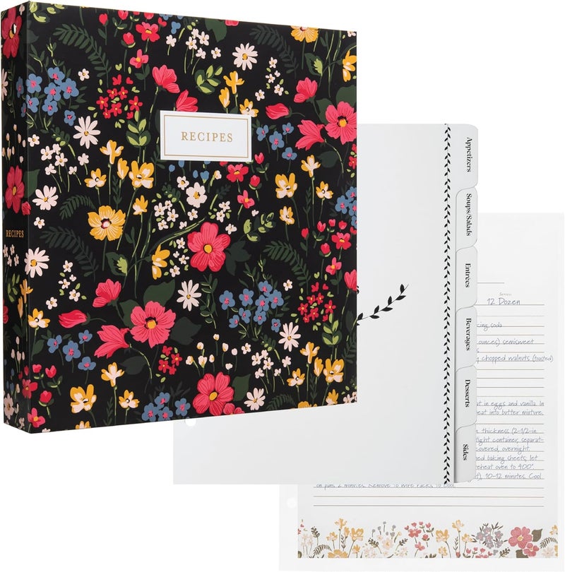 Jot  Mark 8.5" x 11" Sturdy 3 Ring Recipe Binder with Spill-Proof Clear Binder Sleeves Sheet Protector, 30 Dual-Sided Recipe Card Pages for Written & Printed Recipes, Tabbed Dividers, Midnight Bloom - Image 1