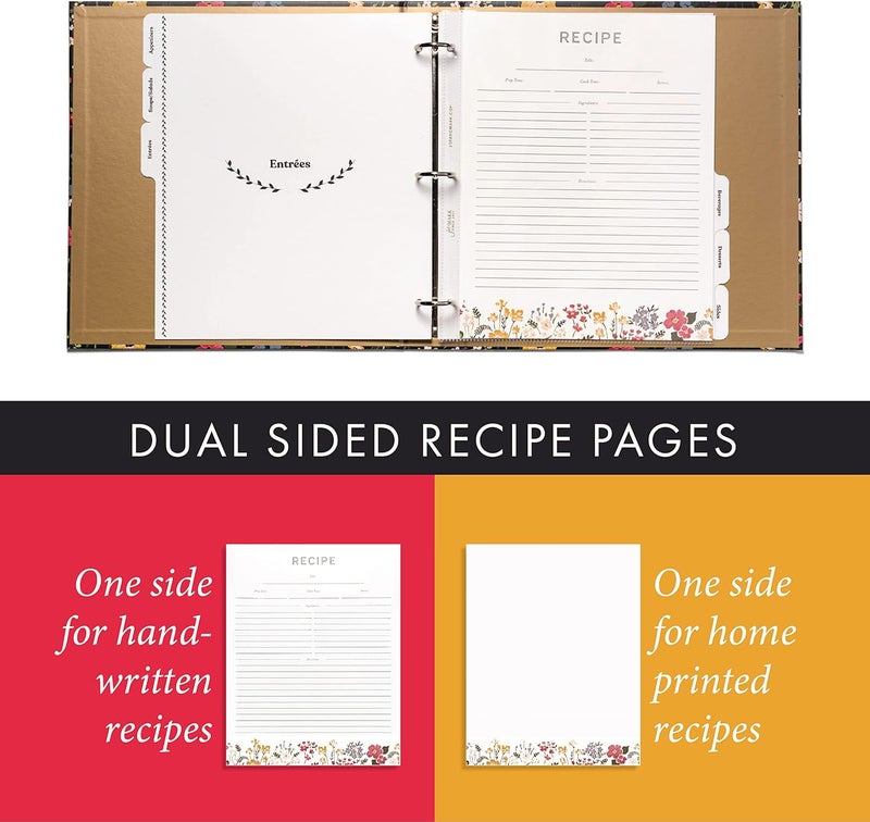 Jot  Mark 8.5" x 11" Sturdy 3 Ring Recipe Binder with Spill-Proof Clear Binder Sleeves Sheet Protector, 30 Dual-Sided Recipe Card Pages for Written & Printed Recipes, Tabbed Dividers, Midnight Bloom - Image 5
