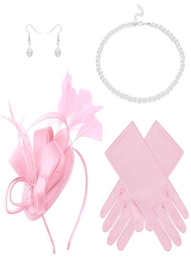 obmwang Fascinators Hats Women Tea Party Headband with Gloves Pearl Jewelry Set for Women Tea Party Wedding Cocktail Halloween, Pink - Image 1