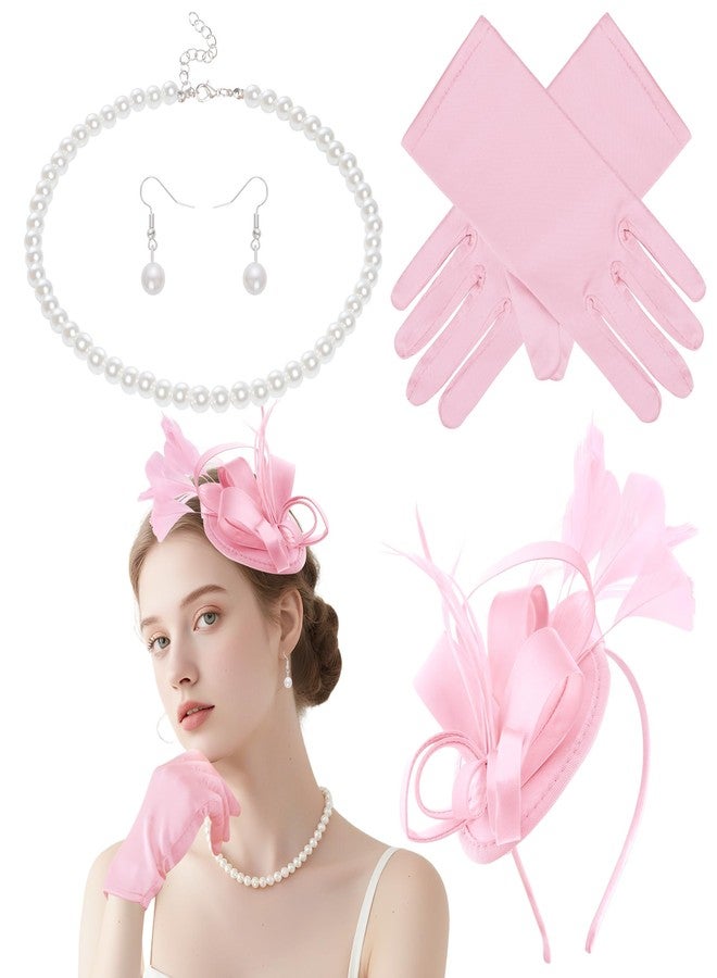 obmwang Fascinators Hats Women Tea Party Headband with Gloves Pearl Jewelry Set for Women Tea Party Wedding Cocktail Halloween, Pink - Image 2