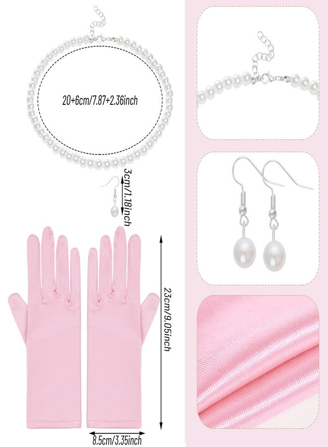 obmwang Fascinators Hats Women Tea Party Headband with Gloves Pearl Jewelry Set for Women Tea Party Wedding Cocktail Halloween, Pink - Image 4