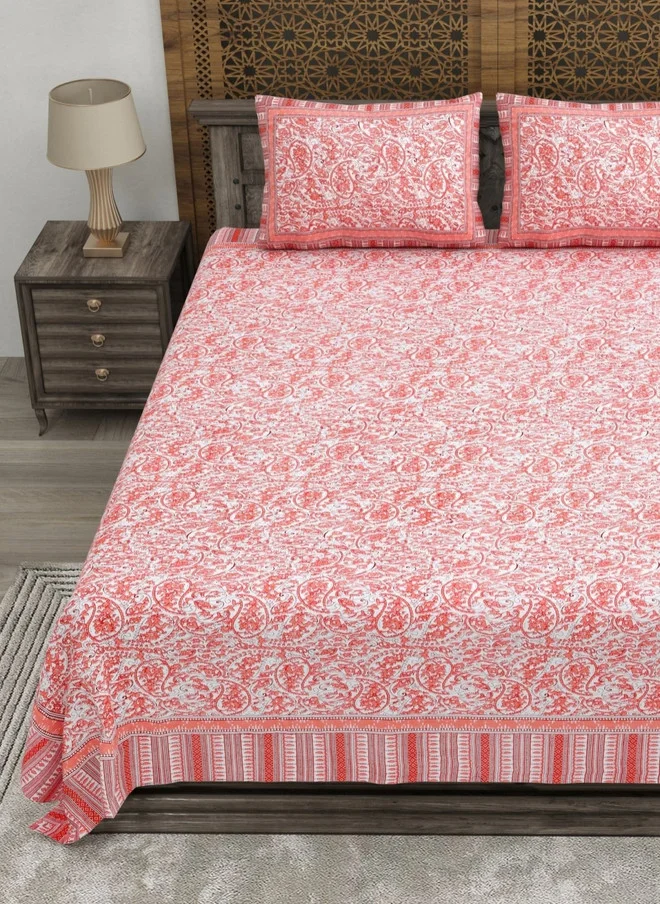 CLOTHOLOGY CLOTHOLOGY White & Pink Printed Pure Cotton 180 TC Double King Bedsheet Set - 2.75m x 2.25m