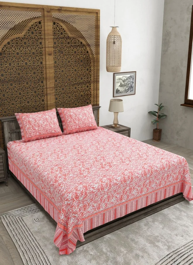 CLOTHOLOGY CLOTHOLOGY White & Pink Printed Pure Cotton 180 TC Double King Bedsheet Set - 2.75m x 2.25m