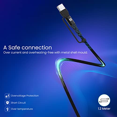 Portronics Konnect J8 3-in-1 (USB A + Type C to 8 Pin + Type C) Fast Charging Cable with 60W Max Output, Nylon Braided, For Android Smartphone, Ios And Type C Usb Devices, 1.2M Length(Black) - Image 3