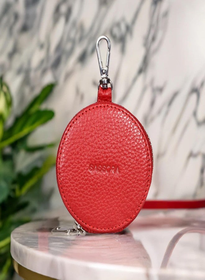 Sassora Premium Leather Women Round Shape Small Accessories Pouch (Red) - Image 4