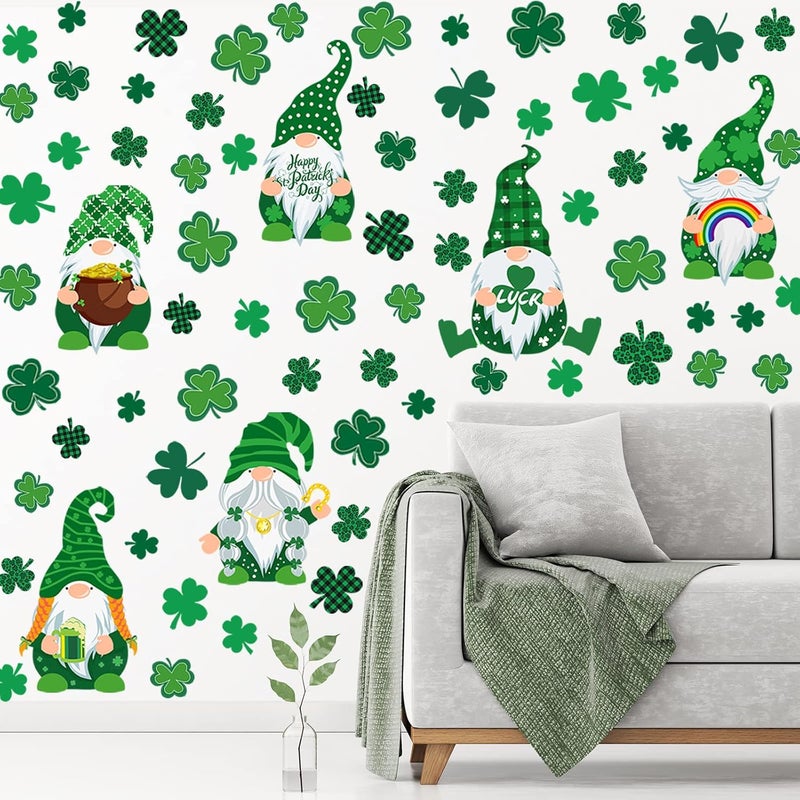 Glenmal 6 Sheets St Patricks Day Wall Decals Shamrock Gnome Wall Sticker St Patricks Day Window Clings for Home Office Living Room Classroom Holiday Wall Art Decor Party Supplies - Image 1
