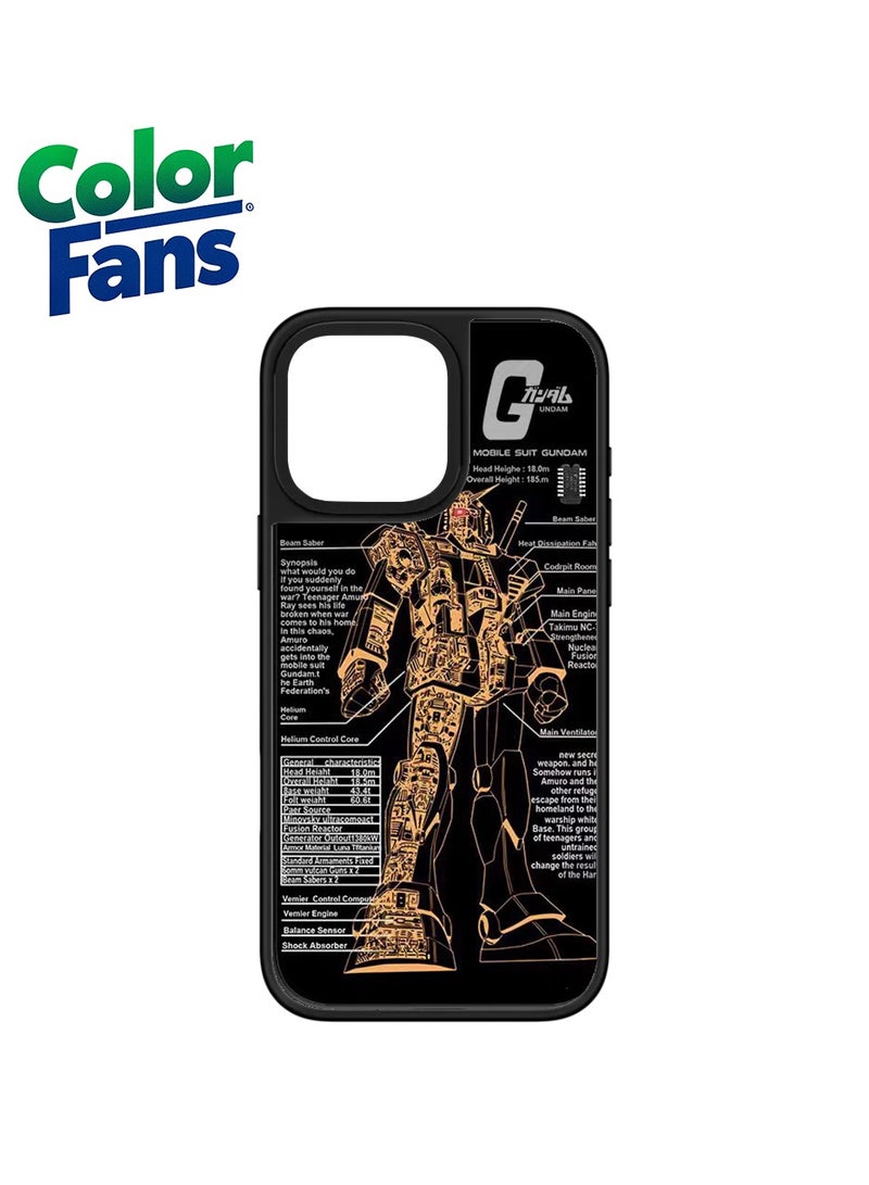 Color Fans iPhone 15 Pro Max Gundam Blueprint Mirror Case  - Black with Orange Gundam Design
