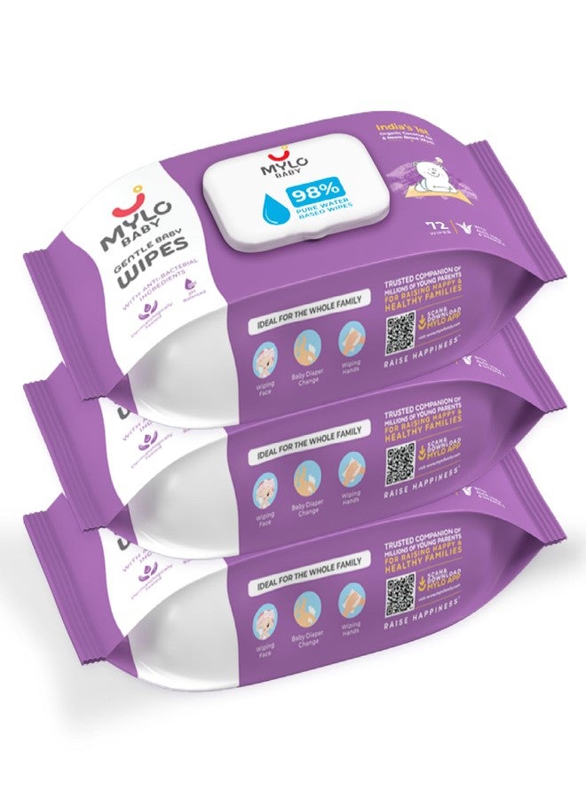Mylo Gentle Baby Wipes with Lid (72 Wipes x 3 Pack - 216 Water Wipes) | Natural Wet Wipes with Organic Coconut Oil & Neem| Cotton Cloth with Extra Thick - Image 1