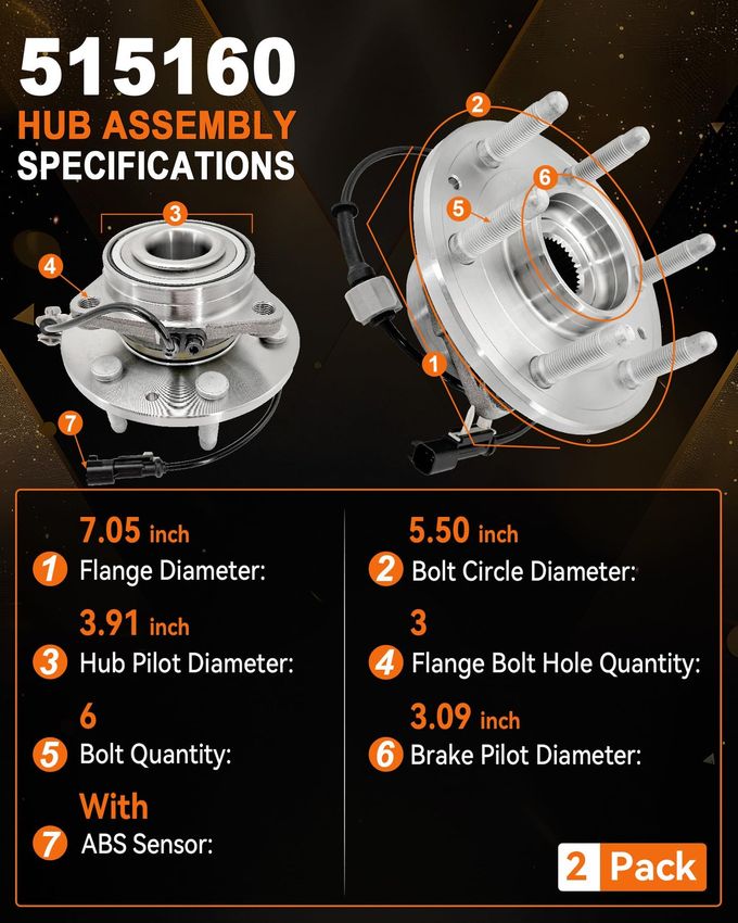 Aspligo 2Pcs 515160 Front Wheel Bearing Hub Assembly Fit For Chevy Silverado 1500(Ld) Suburban Tahoe 2014-2020, For Cadillac Xts Escalade(Esv), For Gmc Sierra 1500 Yukon(Xl) 2014-2020, 6 Lugs W/Abs - Image 5