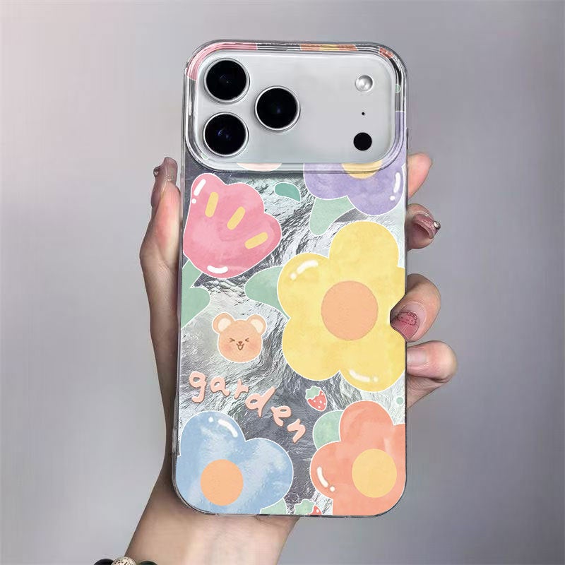 Apple iPhone 17 Pro Max phone case with cartoon flower transparent design, creative drop protection