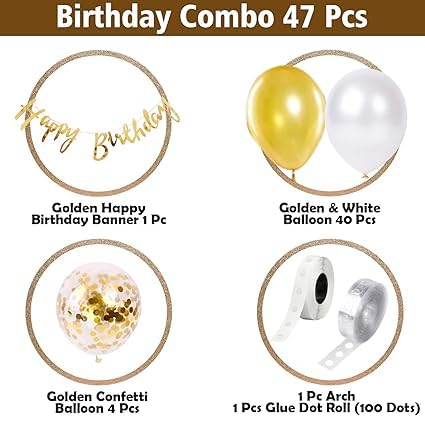 BRIJBAZAAR Golden Birthday Decoration Items - Combo of 47 Pcs Gold & White Balloons for Decoration | Birthday Decoration Kit | Birthday Decorations for Wife, Husband | Happy Birthday Foil Banner - Image 2