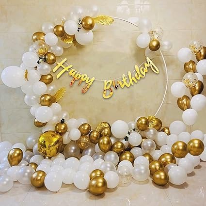 BRIJBAZAAR Golden Birthday Decoration Items - Combo of 47 Pcs Gold & White Balloons for Decoration | Birthday Decoration Kit | Birthday Decorations for Wife, Husband | Happy Birthday Foil Banner - Image 1