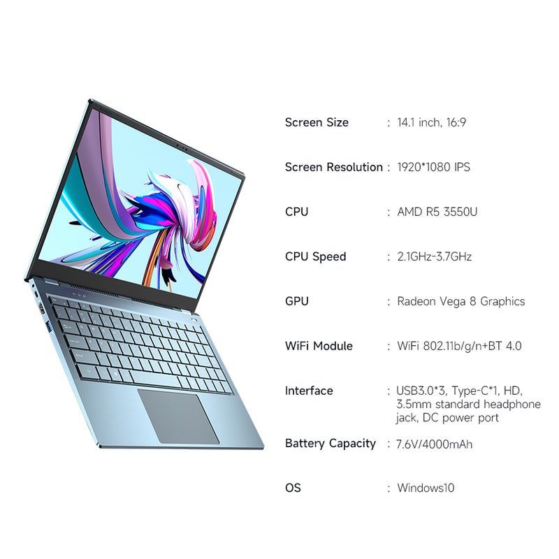 T-bao X11 14.1 inch Portable Laptop AMD R5 3550U Processor 1920*1080 IPS Screen 8GB+512GB Memory Multiple Ports UK Plug - Image 2