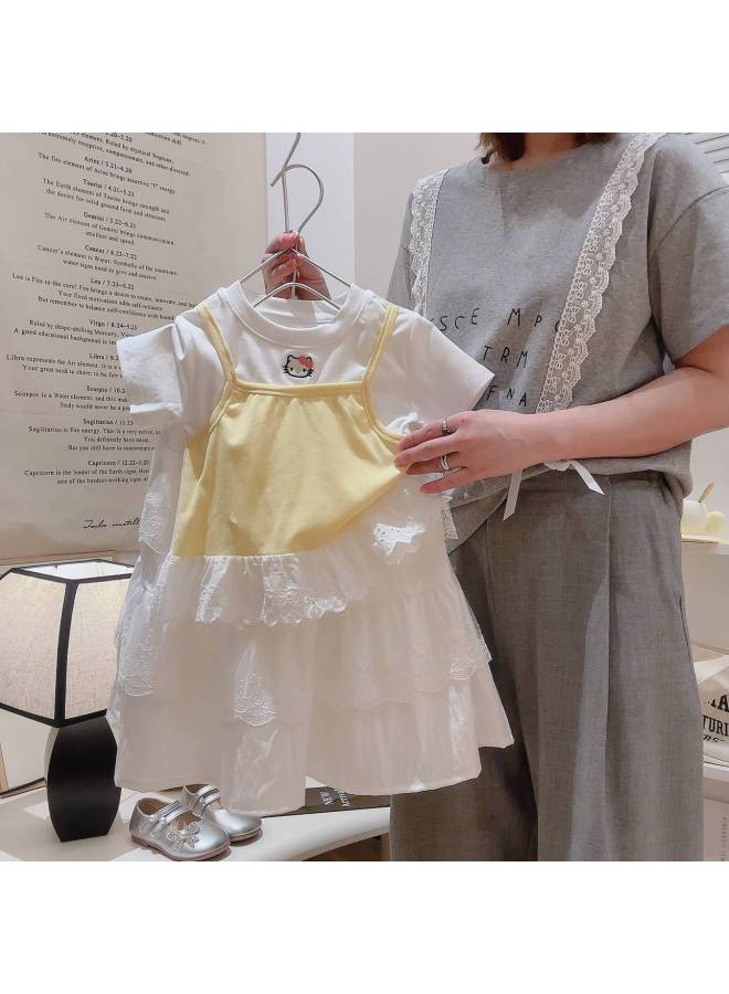 Summer New Girls Sweet Fake Two-piece Embroidered Short-sleeved T-shirt Explosive Cotton Embroidered Lace Top Children's Wear