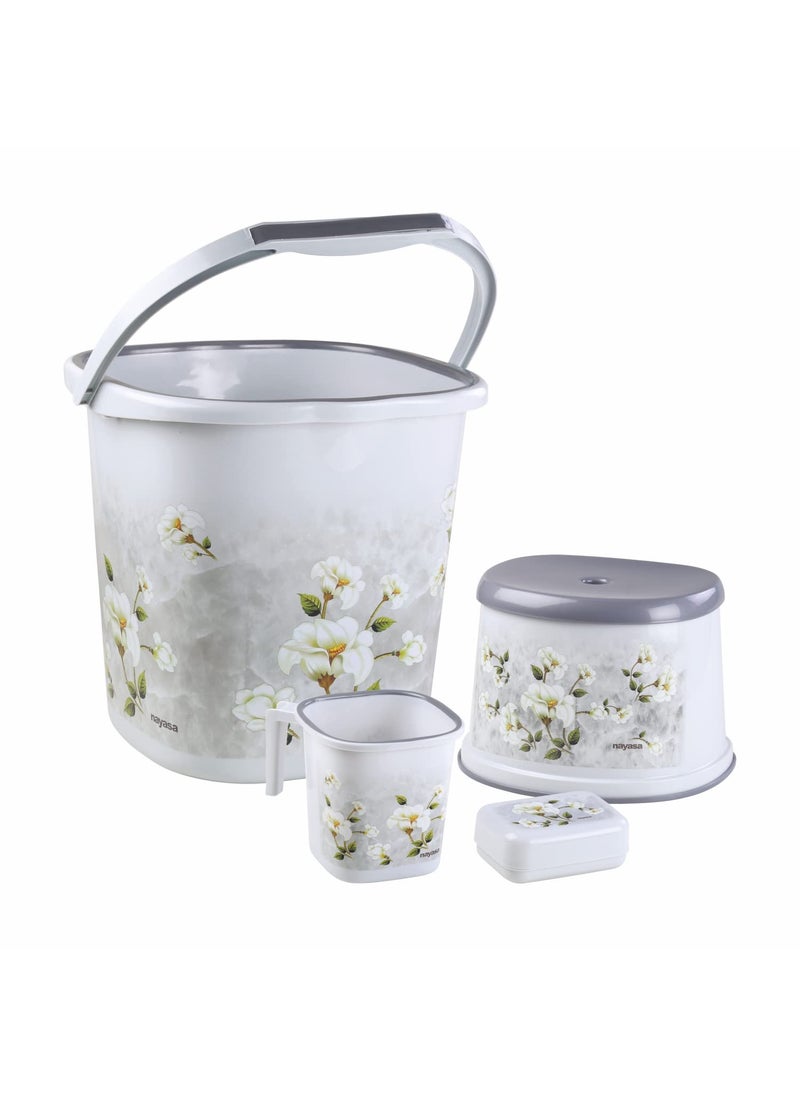 NAYASA Nayasa Marble Bathroom Set, Set of 4 (18 Litre Bucket + 1500 ML Mug + Stool + Soap Case), of Plastic Bathroom Set, Ideal for Home & Office, Medium, Grey 
