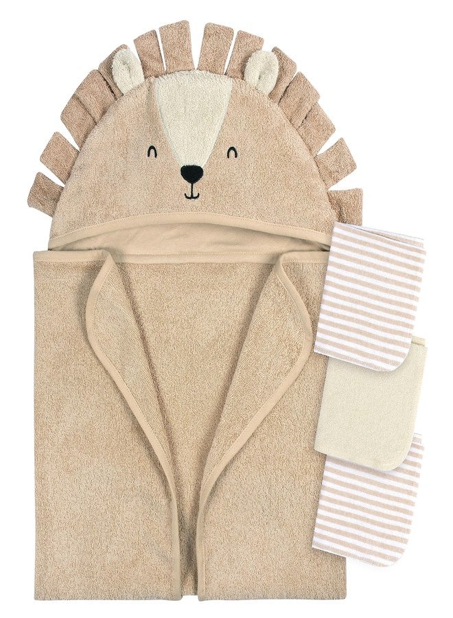 Gerber Baby 4 Piece Animal Character Hooded Towel and Washcloth Set, Brown Lion, One Size - Image 1