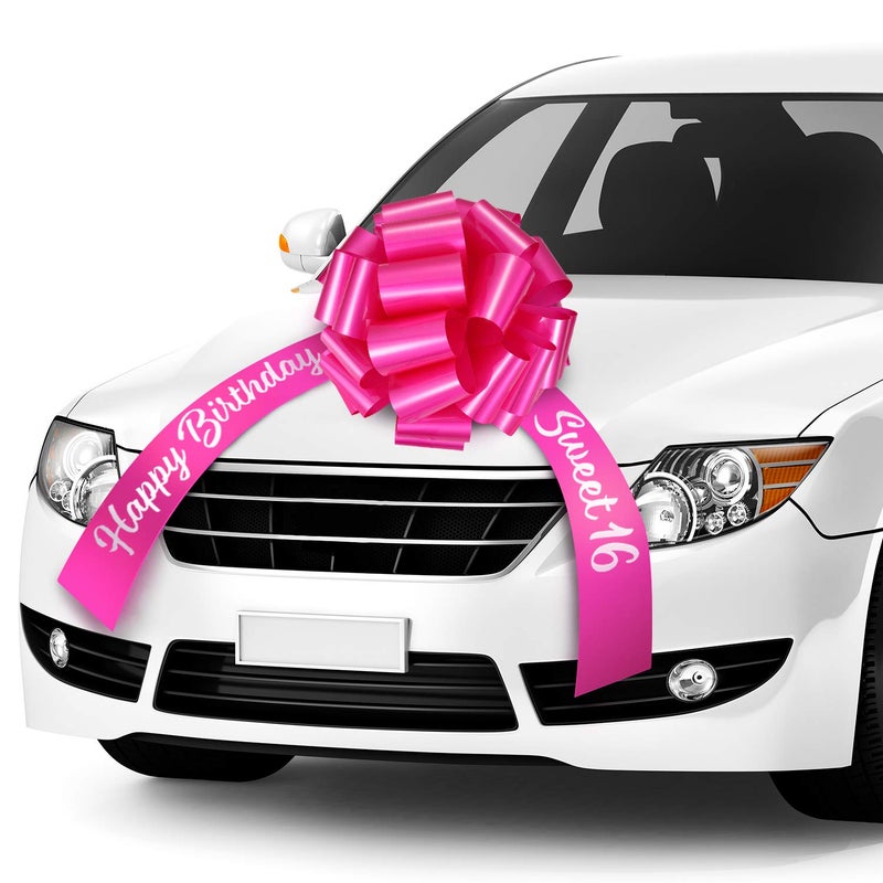 Happy Birthday Car Bow Sweet 16 Big Giant Gift Wrapping Pull Bows with 20 Feet Car Ribbon for Birthday Party Decorations Rose Red 20 Inch