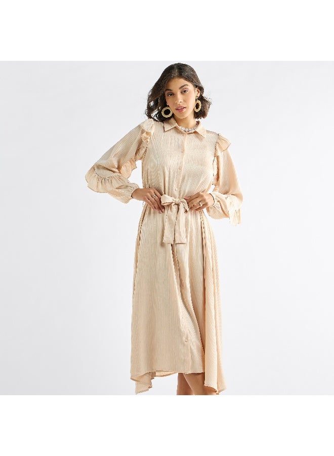 سبلاش فيڤ فستان ميدي مخطط غير متماثل بأكمام مكشكشة - Image 4