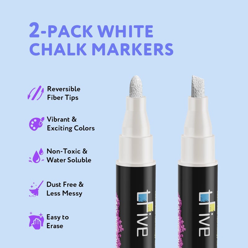 TFIVE White Liquid Chalk Markers - 2 Pack Bright Colors Erasable Chalk Marker Pens, Reversible Tip, Non-Toxic, for Chalkboards, Signs, Glass, Easy to use Chalk markers TF800 - Image 2