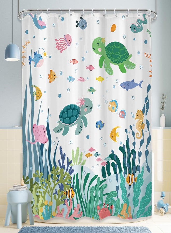 LGhtyro Kids Shower Curtain Bathroom Set 60Wx71H Inches Cute Sea Turtle Ocean Fish Starfish Corals Underwater World Marine Sealife Bath Accessories Fun Boys Girls Art Home Decor Fabric 12 Pack Hooks - Image 1