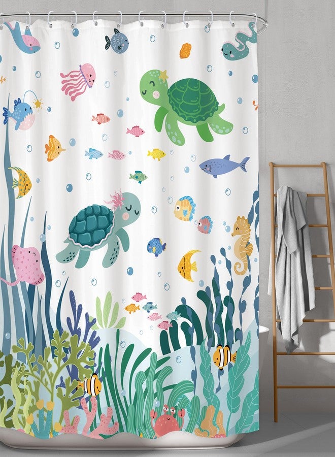LGhtyro Kids Shower Curtain Bathroom Set 60Wx71H Inches Cute Sea Turtle Ocean Fish Starfish Corals Underwater World Marine Sealife Bath Accessories Fun Boys Girls Art Home Decor Fabric 12 Pack Hooks - Image 2