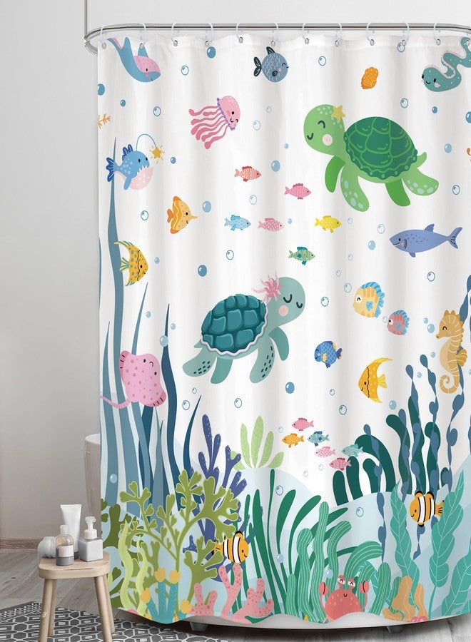 LGhtyro Kids Shower Curtain Bathroom Set 60Wx71H Inches Cute Sea Turtle Ocean Fish Starfish Corals Underwater World Marine Sealife Bath Accessories Fun Boys Girls Art Home Decor Fabric 12 Pack Hooks - Image 3