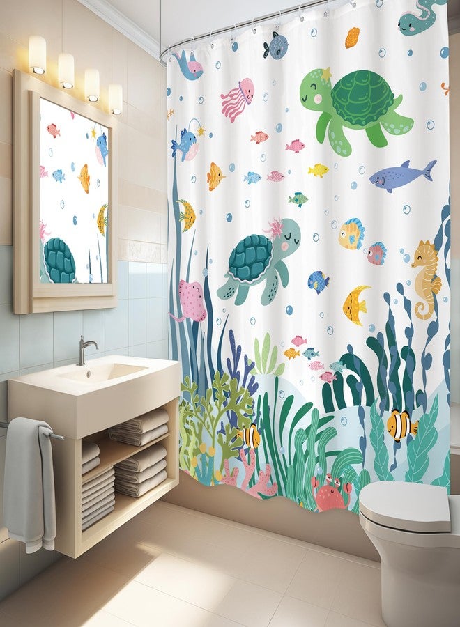 LGhtyro Kids Shower Curtain Bathroom Set 60Wx71H Inches Cute Sea Turtle Ocean Fish Starfish Corals Underwater World Marine Sealife Bath Accessories Fun Boys Girls Art Home Decor Fabric 12 Pack Hooks - Image 4