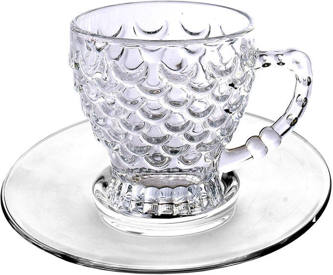 CRYSTAL GLASS FANCY BUBBLE DESIGN TEA CUP210 ML WITH SAUCER SET FOR HOT COFFEE GREEN TEA PINEAPPLE DESIGN CUPS AND SAUCERS PACK OF 12 PC