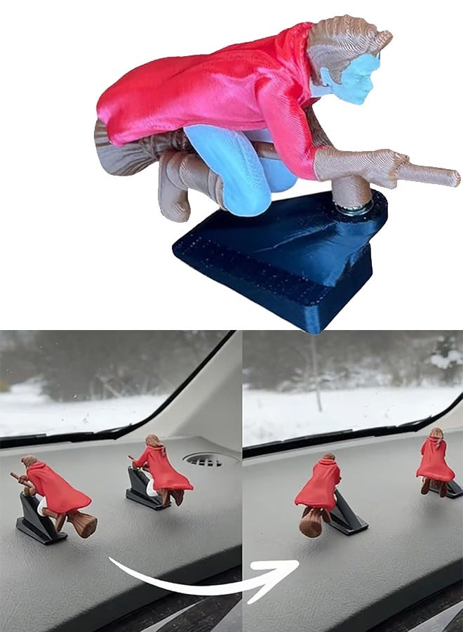 Witch and Wizard Broomstick Dashboard Drift Ornaments, Funny Car Dashboard Accessories Interior Ornaments for Enthusiasts Vehicle (Red Boy) - Image 1