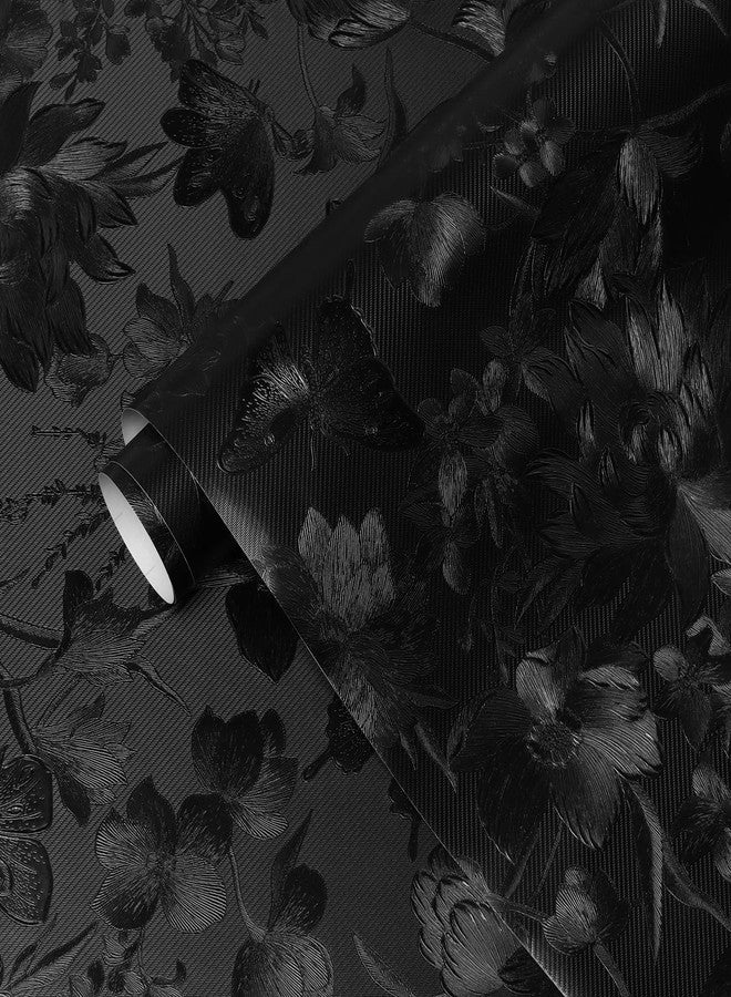 Erfoni 118"x17.7" Black Wallpaper Floral Peel and Stick Wallpaper Black Floral Embossed Contact Paper Flower Textured Removable Wallpaper Vintage Self Adhesive Wallpaper for Countertop Cabinets Decor - Image 1