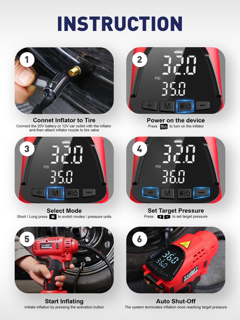 SMART JERRY - Car Tire Inflator Portable Air Compressor | 20V/12V Dual-Power Cordless Air Pump with 150 PSI Max Pressure & Smart Auto-Stop | Fast Inflation for Cars, Motorcycles, Bikes, Sports Balls - Image 4