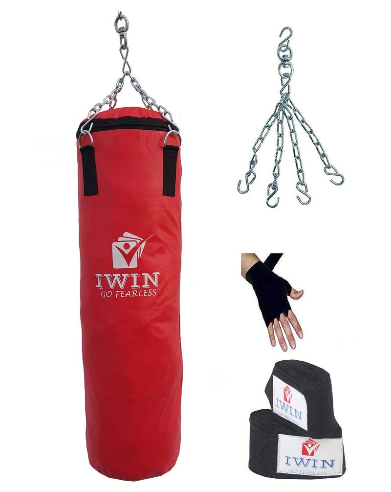 IWIN Sept-ComboRedPunch-WithWrap Synthetic Unfilled Punching Bag Combo with Chain and Hand Wraps, 3 ft (Red) - Image 1