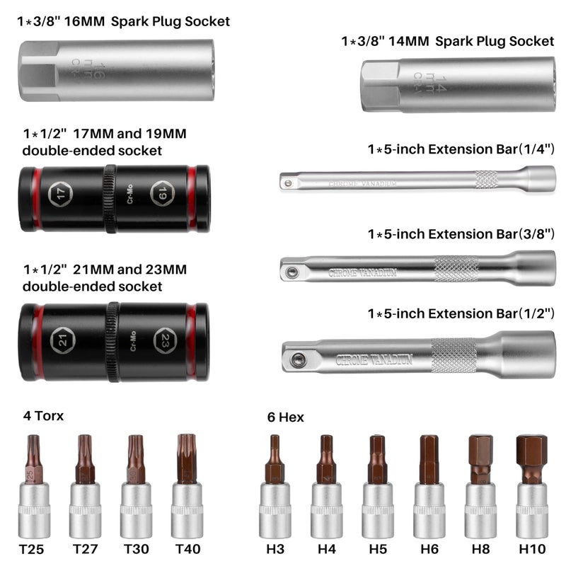 XEIMILE 1/4 3/8 1/2-inch Drive Click Torque Wrench, 20Pcs Torque Wrench Set 20-260 in.lb,5-45 ft.lb,10-170 ft.lb, Dual-Direction 72 Tooth Dual Range Scales, 3% Precision for Bike Car Motorcycle Repair - Image 2