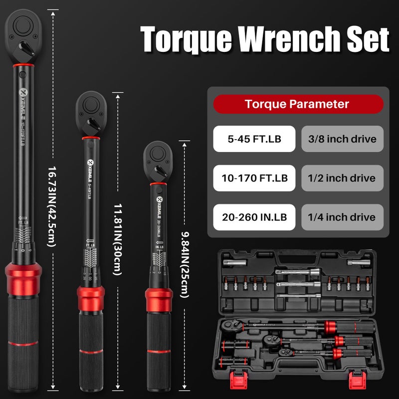 XEIMILE 1/4 3/8 1/2-inch Drive Click Torque Wrench, 20Pcs Torque Wrench Set 20-260 in.lb,5-45 ft.lb,10-170 ft.lb, Dual-Direction 72 Tooth Dual Range Scales, 3% Precision for Bike Car Motorcycle Repair - Image 5