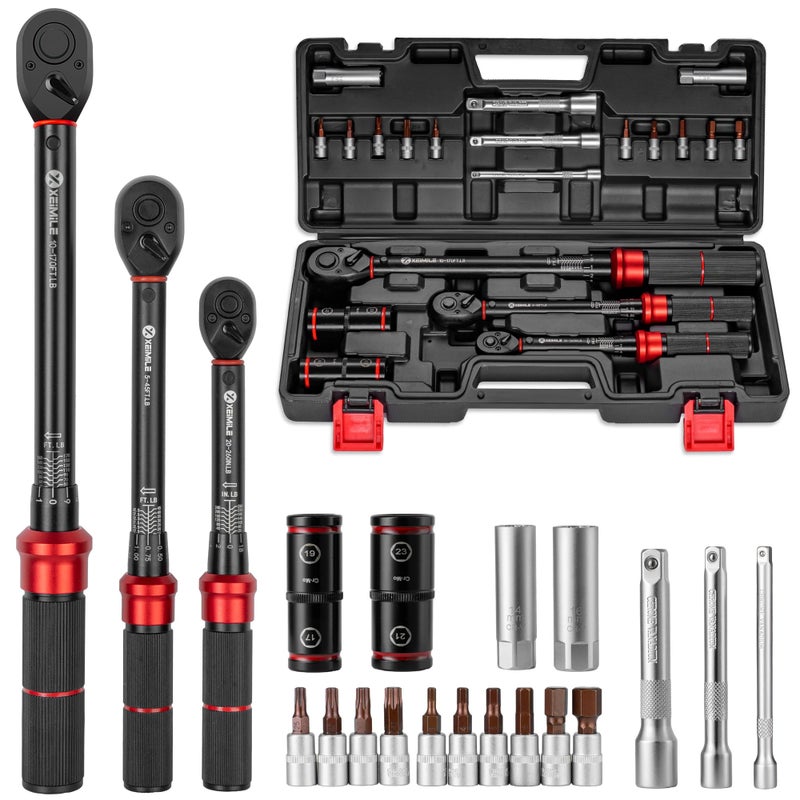 XEIMILE 1/4 3/8 1/2-inch Drive Click Torque Wrench, 20Pcs Torque Wrench Set 20-260 in.lb,5-45 ft.lb,10-170 ft.lb, Dual-Direction 72 Tooth Dual Range Scales, 3% Precision for Bike Car Motorcycle Repair - Image 1