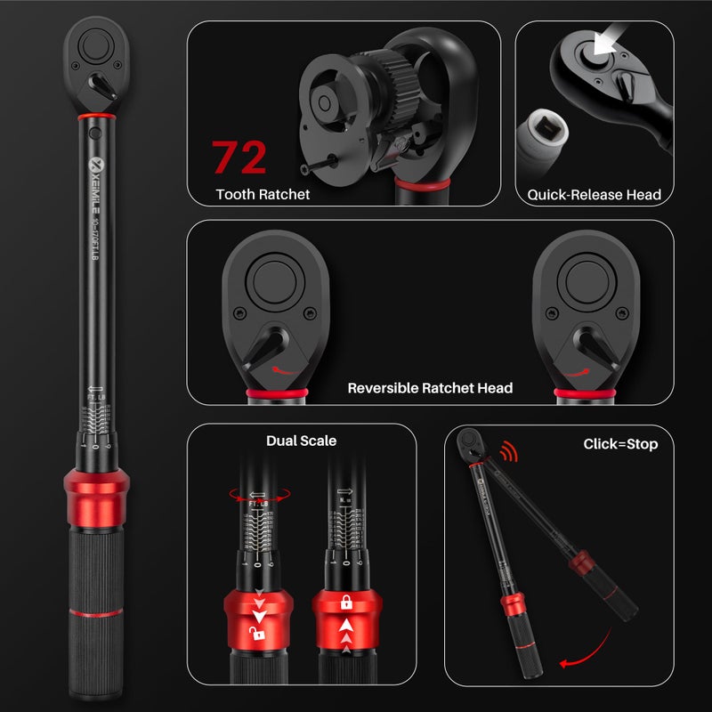 XEIMILE 1/4 3/8 1/2-inch Drive Click Torque Wrench, 20Pcs Torque Wrench Set 20-260 in.lb,5-45 ft.lb,10-170 ft.lb, Dual-Direction 72 Tooth Dual Range Scales, 3% Precision for Bike Car Motorcycle Repair - Image 3