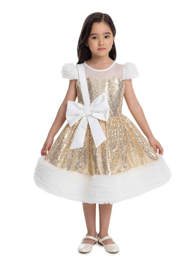 فيا بامبينو فستان احتفالي بترتر ذهبي وفرو صناعي