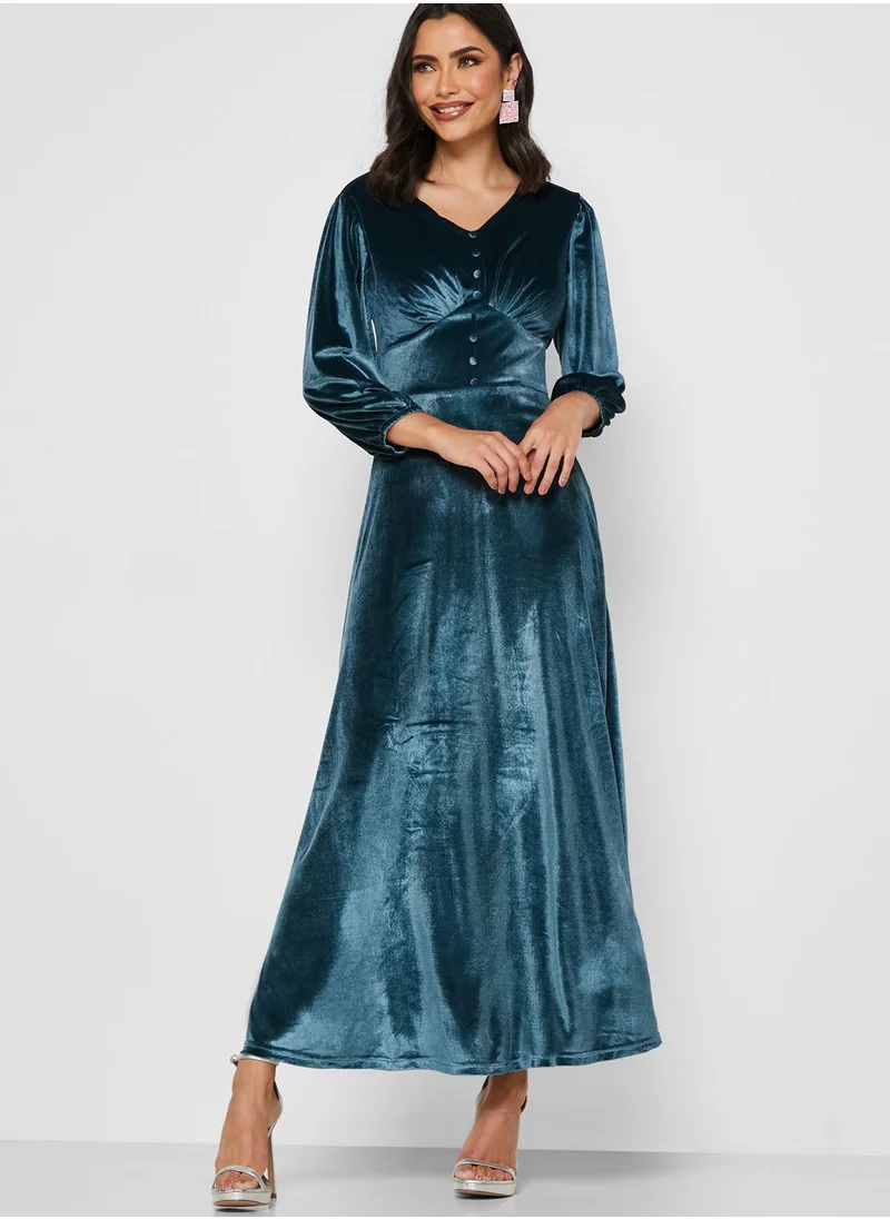 Khizana Button Front Velvet Maxi Dress