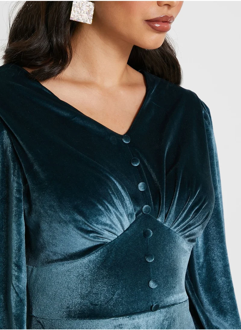 Khizana Button Front Velvet Maxi Dress