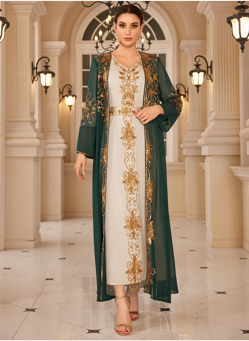 Madam Uniq Womens Muslim Sequin Embroidered Dress Two-Piece V Neck Bronzing Dress Islamic Full Length Kaftan Daily Casual Dress