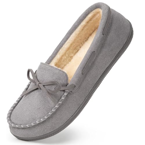 HomeTop Women's Moccasins House Slippers Memory Foam Soft Faux Fur Indoor Outdoor Shoes for Ladies Gray,8 US - Image 1